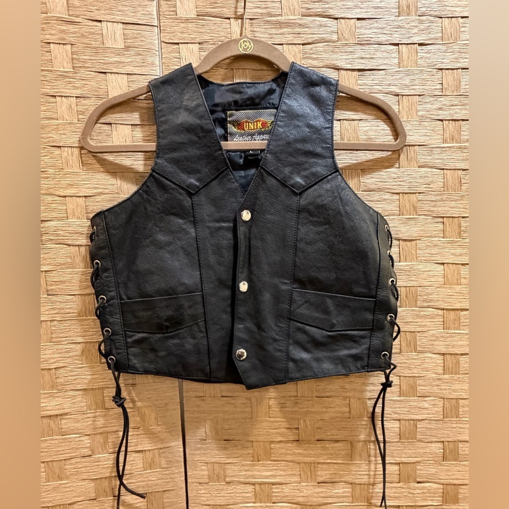 Vintage UNIK Black Leather Lace-Up Vest Boho Biker Western Festival Size M/L - Picture 2 of 6